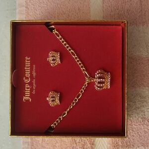 Juicy Couture Gold and Pink Crown PENDANT & Earrings SET. NEW IN BOX.